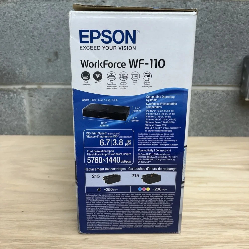 Epson WorkForce WF-110 Inkjet Mobile Printer Rechargeable Portable EUC